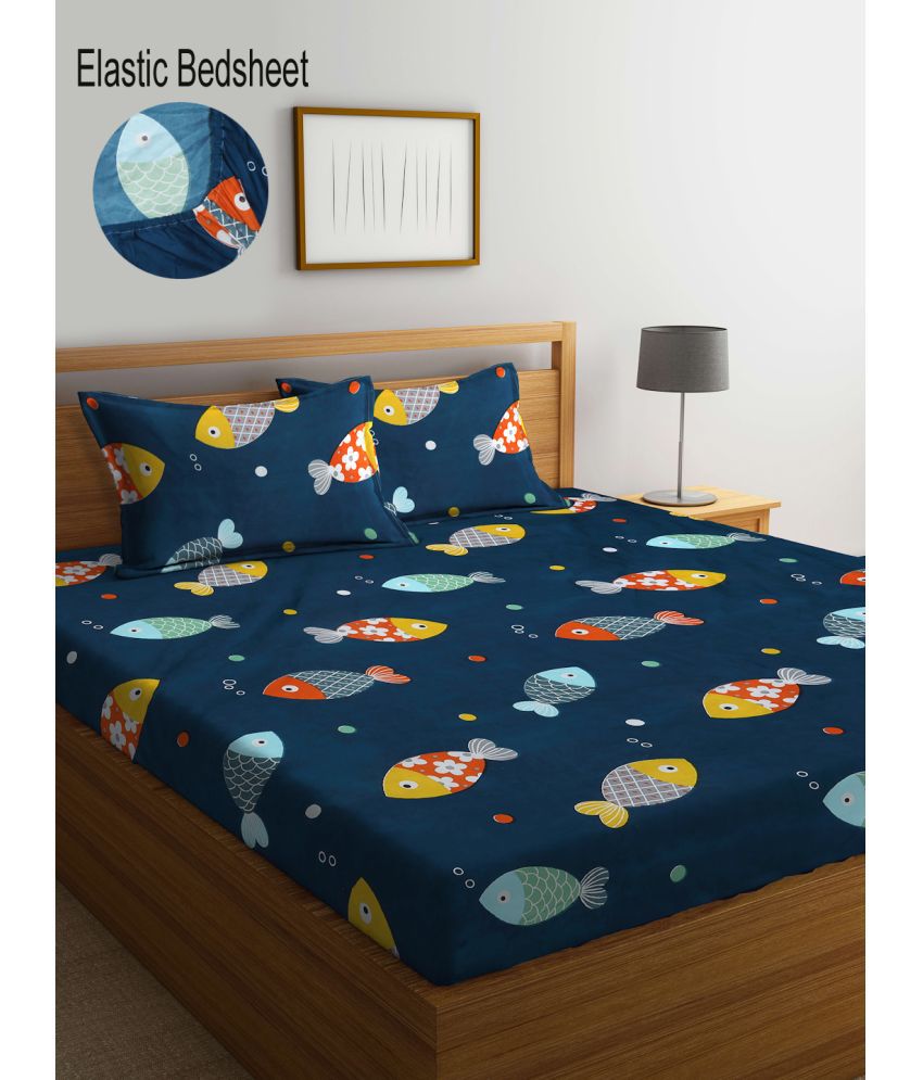     			Klotthe Poly Cotton Animal Fitted 1 Bedsheet with 2 Pillow Covers ( King Size ) - Dark Blue