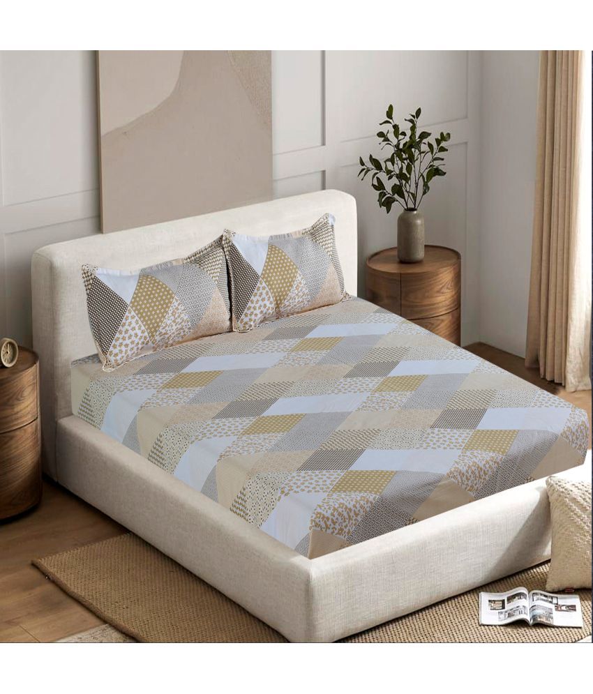     			Welhouse India Cotton Geometric 1 Double King Size Bedsheet with 2 Pillow Covers - Beige