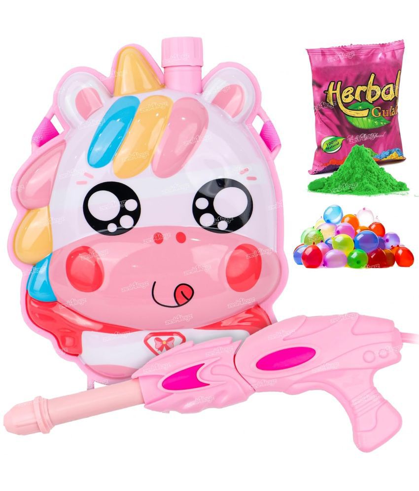     			Zest 4 Toyz Holi Pichkari Watergun for Kids High Pressure Unicorn Pichkari Toy with Back Holding Tank Holi Combo of 1 Pkt Color & 100 Water Balloons for Boys & Girls-Capacity-1 LTR- Pink