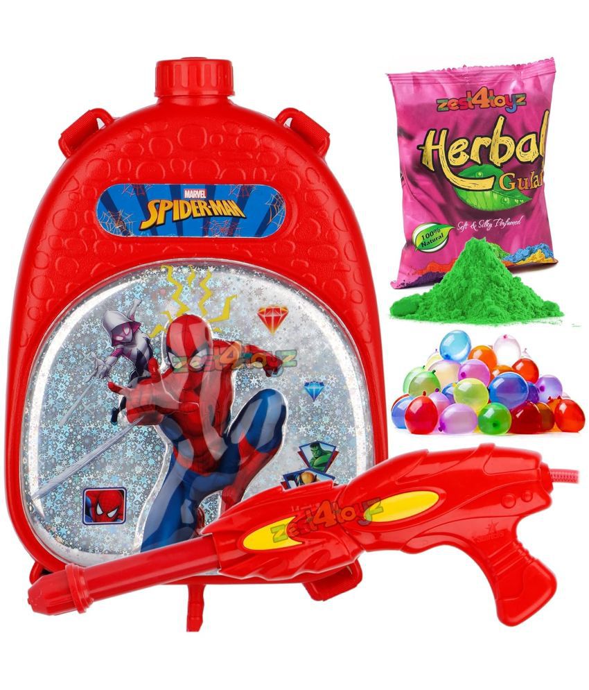     			Zest 4 Toyz Holi Pichkari Watergun for Kids High Pressure Superhero Pichkari Toy with Back Holding Tank Holi Combo of 1 Pkt Gulal Color & 100 Water Balloons for Boys & Girls-Capacity-3.4 LTR