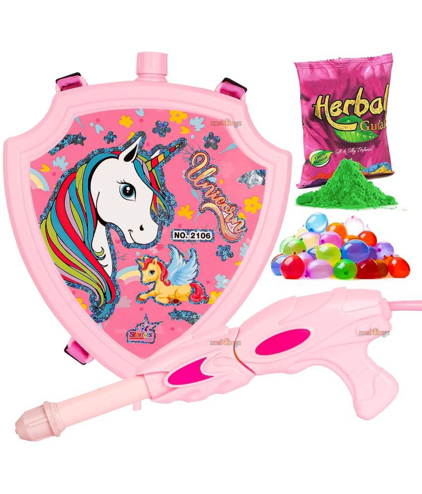    			Zest 4 Toyz Holi Pichkari Watergun for Kids High Pressure Unicorn Pichkari Toy with Back Holding Tank Holi Combo of 1 Pkt Gulal Color & 100 Water Balloons for Boys & Girls-Capacity-2.1 LTR