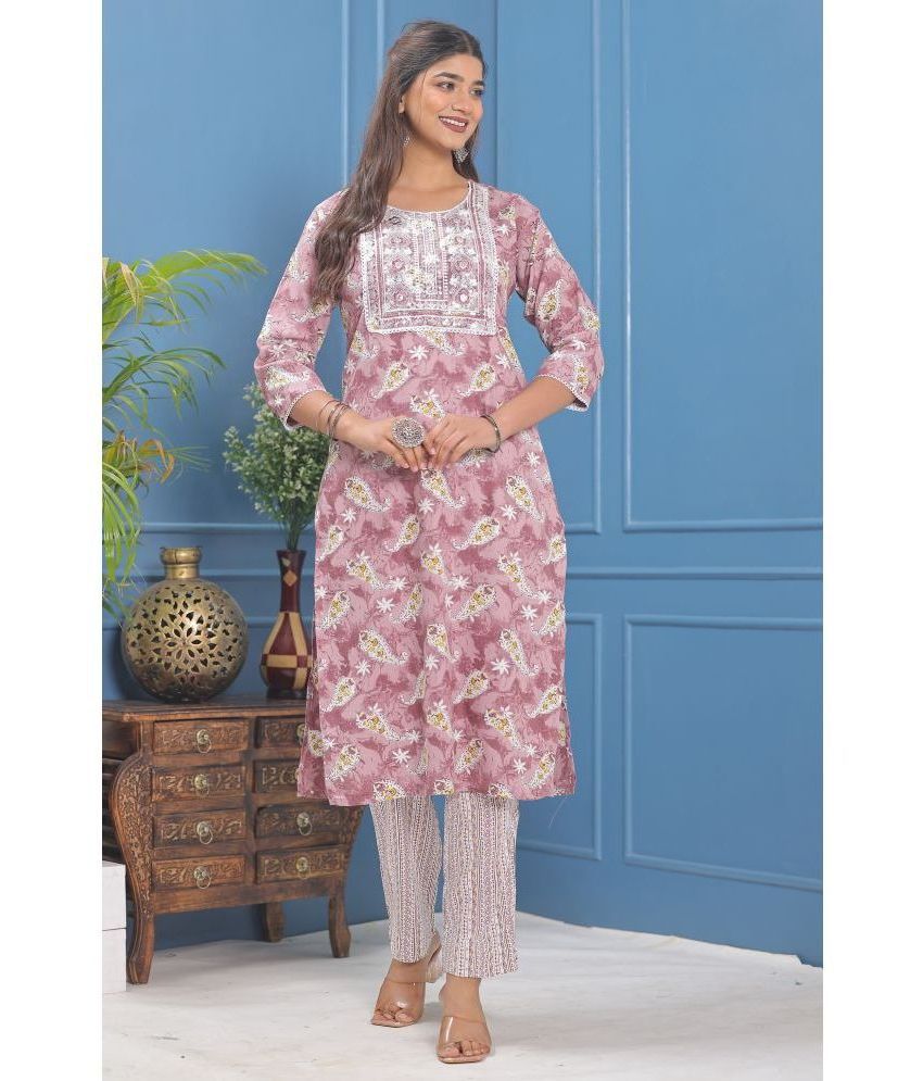     			AAYUFAB Rayon Printed Kurti With Pants Women's Stitched Salwar Suit - Pink ( Pack of 1 )