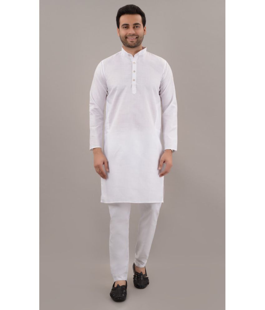     			MOUDLIN White Cotton Blend Regular Fit Men's Kurta Pyjama Set ( Pack of 1 )