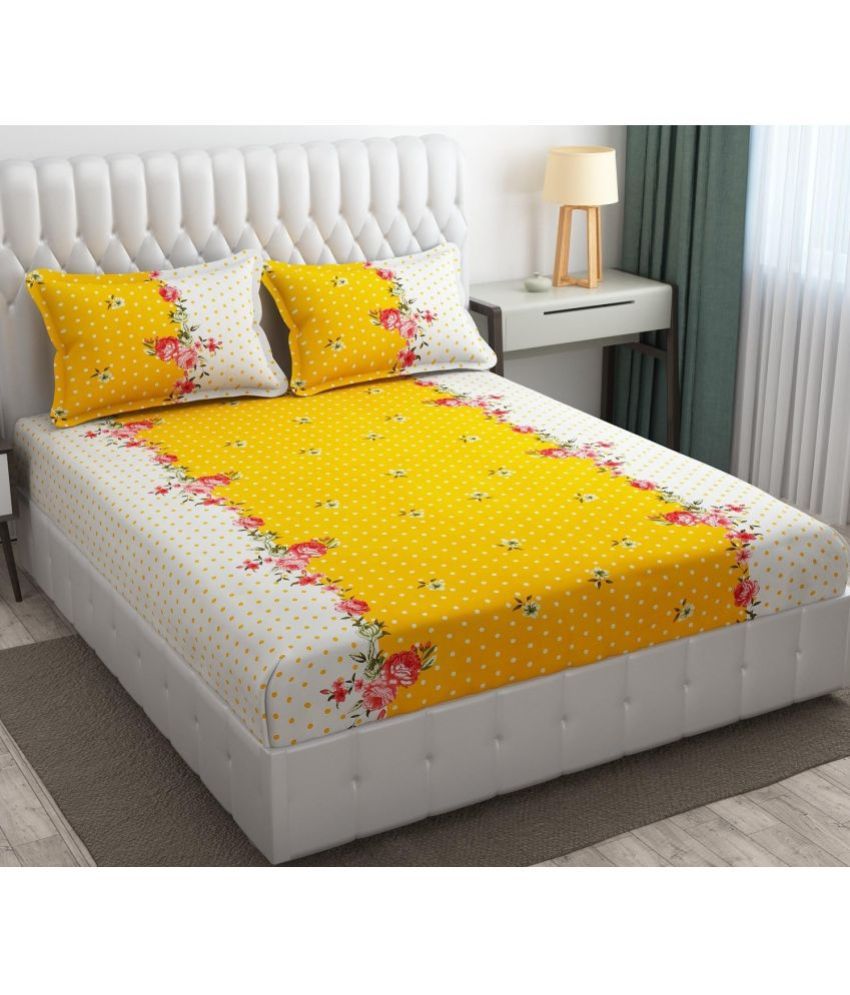     			Neekshaa Glace Cotton Floral 1 Double Bedsheet with 2 Pillow Covers - Yellow