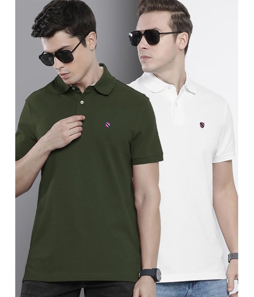     			Merriment Cotton Blend Regular Fit Solid Half Sleeves Men's Polo T Shirt - Olive Green ( Pack of 2 )