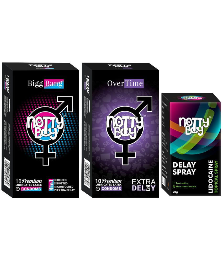     			NottyBoy OverTime Non-Transferable Spray 20gm with 4IN1 BiggBang and Extra Delay Condoms (Pack of 2, 20Pcs)