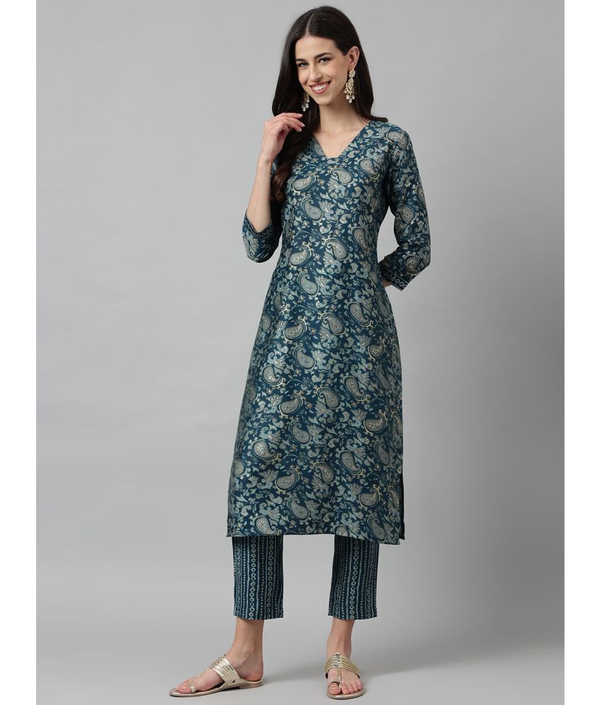     			Shaily Chanderi Self Design Kurti With Pants Women's Stitched Salwar Suit - Teal ( Pack of 2 )