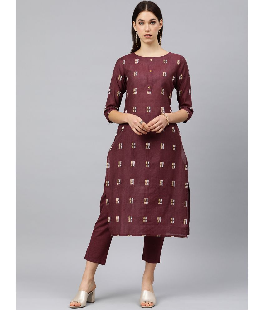     			Shaily Cotton Blend Self Design Kurti With Pants Women's Stitched Salwar Suit - Maroon ( Pack of 2 )
