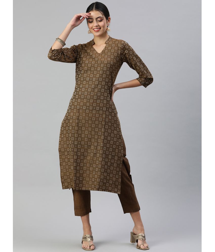     			Shaily Cotton Checks Kurti With Pants Women's Stitched Salwar Suit - Brown ( Pack of 2 )