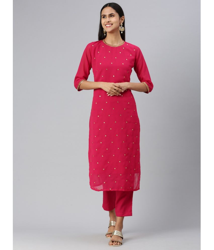     			Shaily Georgette Self Design Kurti With Pants Women's Stitched Salwar Suit - Magenta ( Pack of 2 )