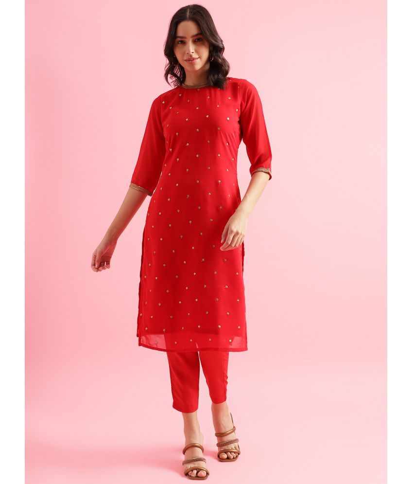     			Shaily Georgette Self Design Kurti With Pants Women's Stitched Salwar Suit - Red ( Pack of 2 )