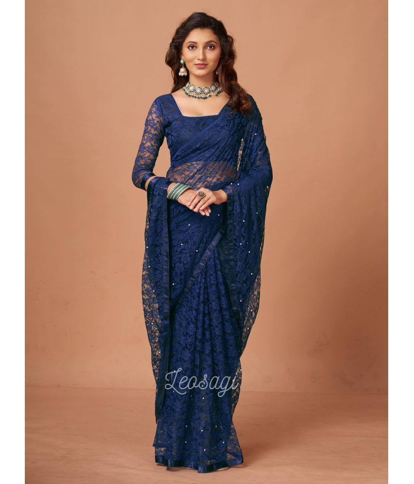     			VERVIZA Net Printed Saree Without Blouse Piece - Navy Blue ( Pack of 1 )