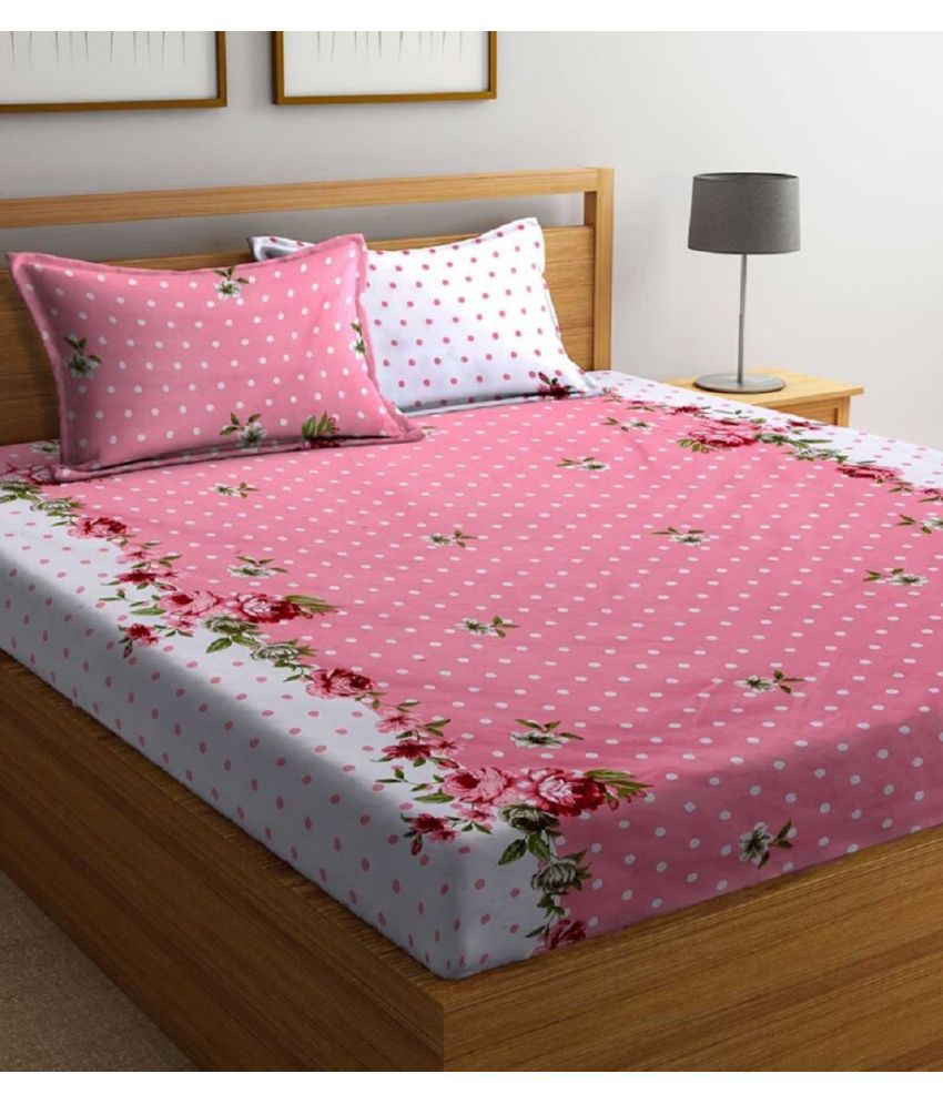     			VORDVIGO Glace Cotton Floral 1 Double Bedsheet with 2 Pillow Covers - Pink