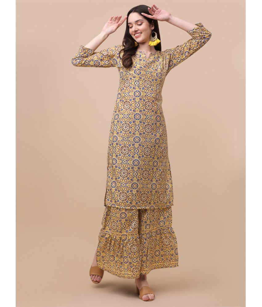     			gufrina Chanderi Printed Kurti With Sharara And Gharara Women's Stitched Salwar Suit - Yellow ( Pack of 1 )