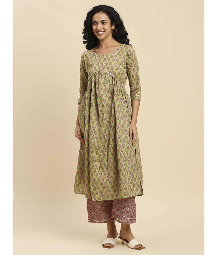     			gufrina Cotton Printed Kurti With Pants Women's Stitched Salwar Suit - Green ( Pack of 1 )