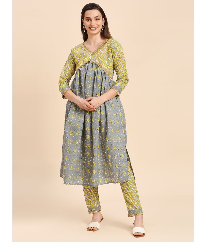     			gufrina Cotton Printed Kurti With Pants Women's Stitched Salwar Suit - Light Grey ( Pack of 1 )