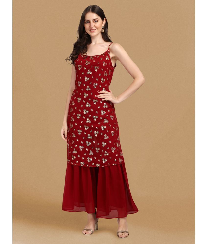     			gufrina Georgette Printed Kurti With Sharara And Gharara Women's Stitched Salwar Suit - Maroon ( Pack of 1 )