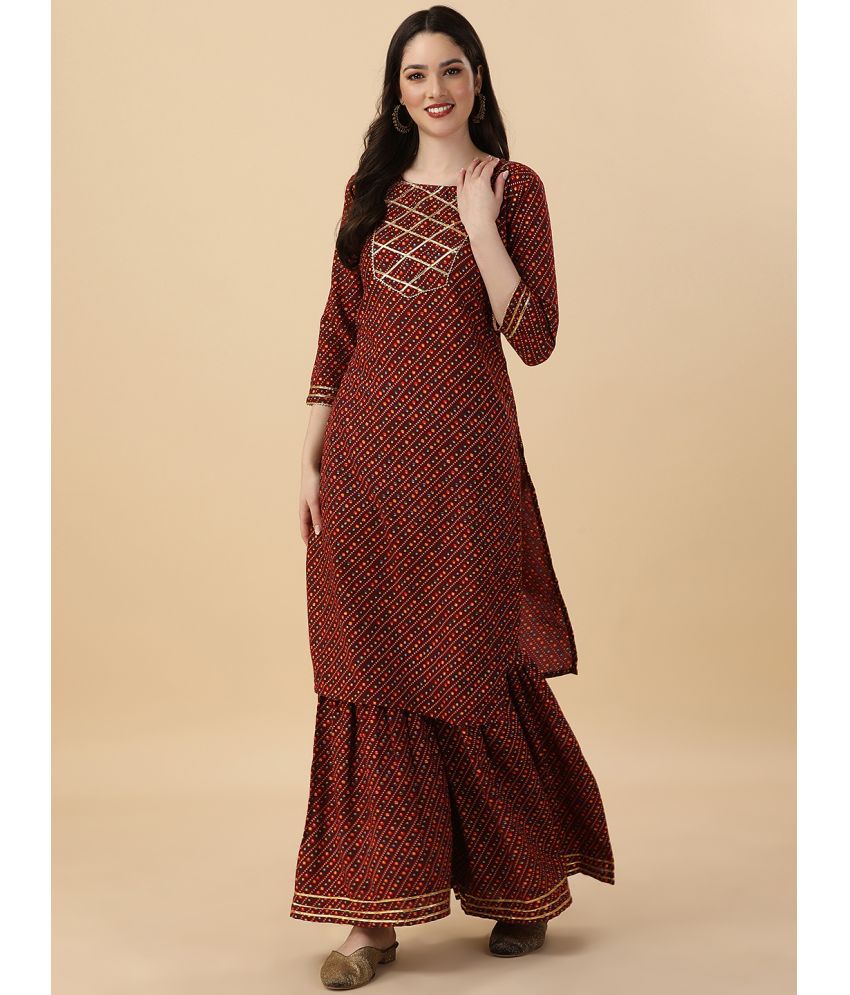     			gufrina Rayon Printed Kurti With Sharara And Gharara Women's Stitched Salwar Suit - Maroon ( Pack of 1 )