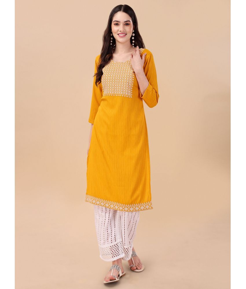     			gufrina Viscose Embroidered Kurti With Palazzo Women's Stitched Salwar Suit - Yellow ( Pack of 1 )