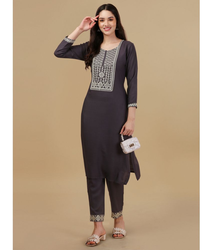     			gufrina Viscose Embroidered Kurti With Pants Women's Stitched Salwar Suit - Dark Grey ( Pack of 1 )