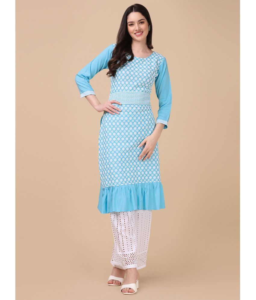     			gufrina Viscose Embroidered Kurti With Palazzo Women's Stitched Salwar Suit - Light Blue ( Pack of 1 )