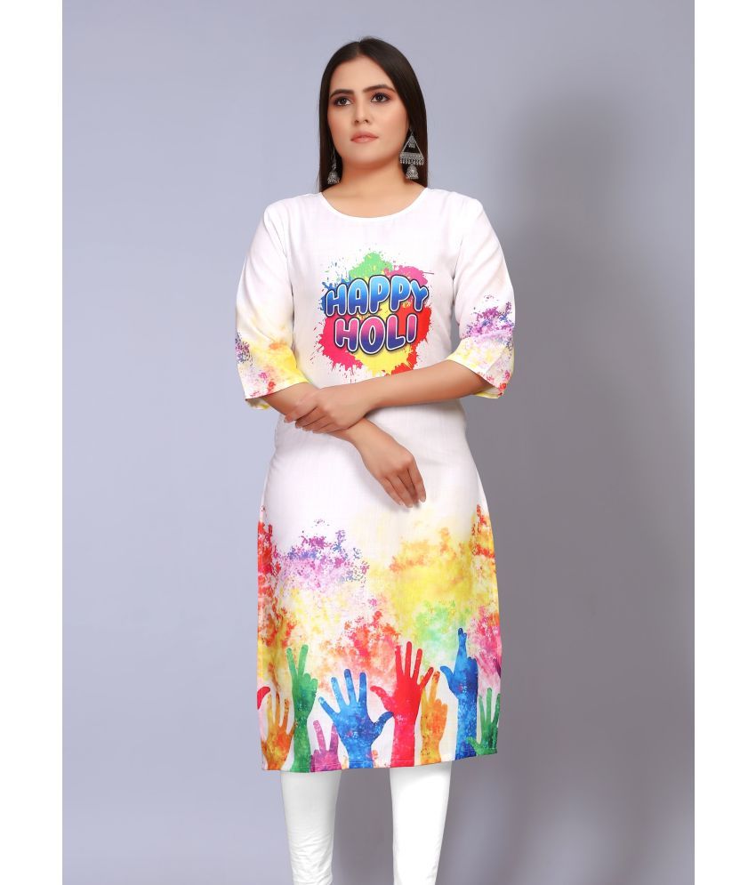     			RIAANA Holi Cotton Blend Printed A-line Women's Kurti - White ( Pack of 1 )