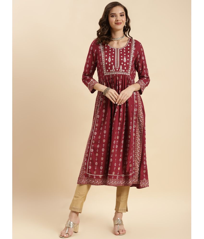     			Rangita Women Rayon Maroon Yoke Embroidered Calf Length Nayra Style Kurti