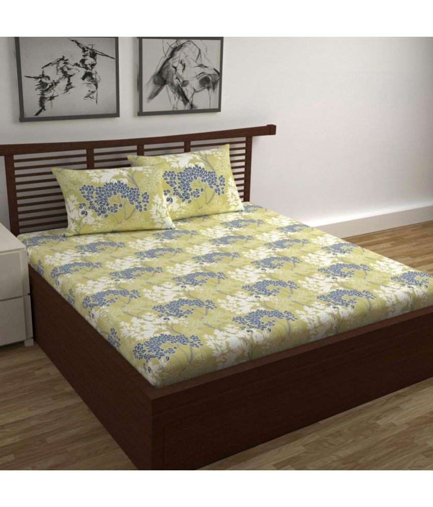     			DIVINE CASA Cotton Nature Double Size Bedsheet with 2 Pillow Covers - Yellow
