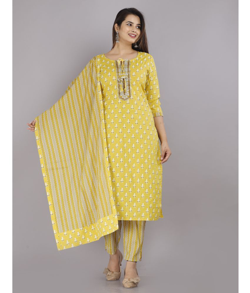     			JC4U Cotton Printed Kurti With Pants Women's Stitched Salwar Suit - Yellow ( Pack of 1 )