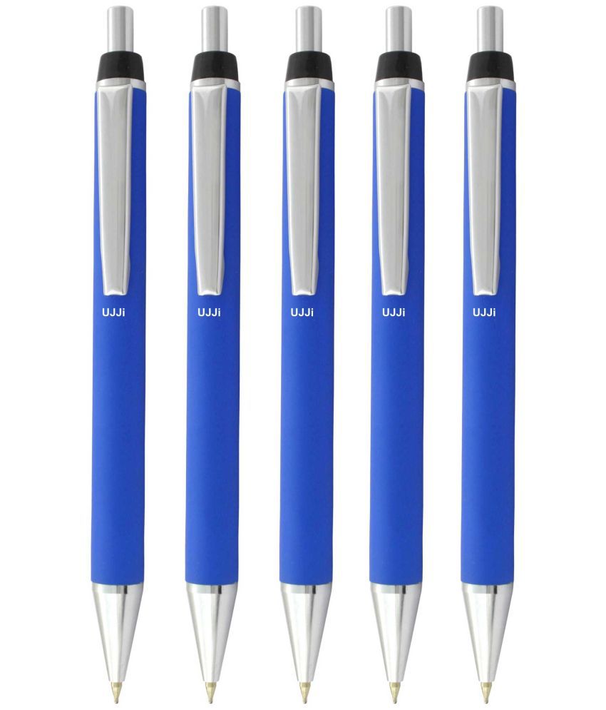     			UJJi Blue Color Click on and Off Matte Finish Body Pack of 5 Retractable (Blue Ink) Metal Ball Pen