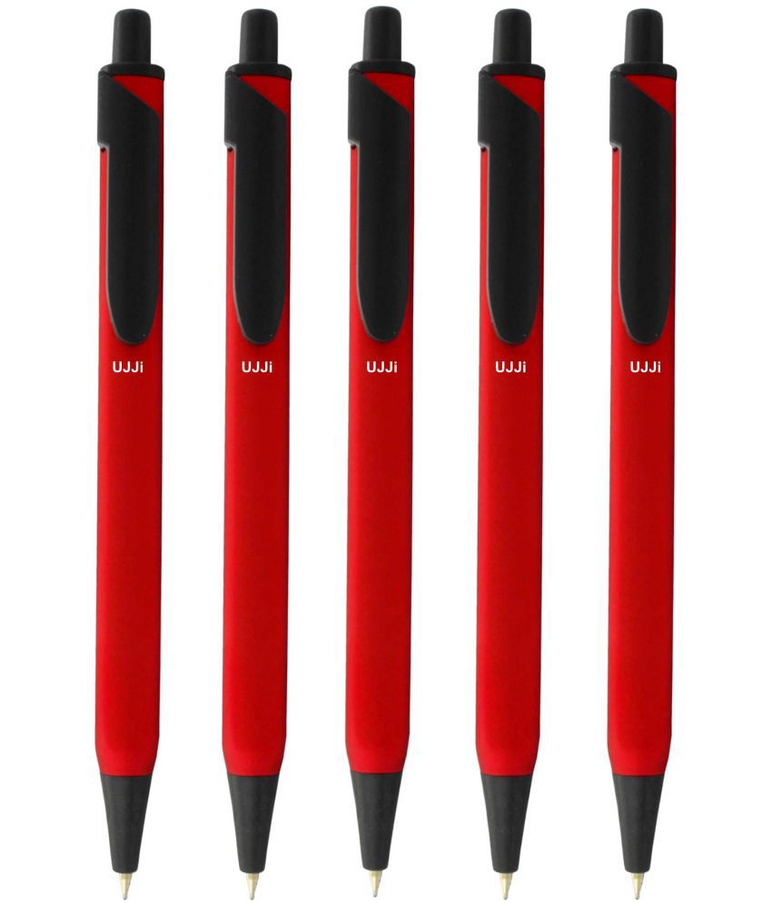     			UJJi Red Color Body Click on and Off Matte Finish Body Pack of 5 Retractable (Blue Ink) Metal Ball Pen