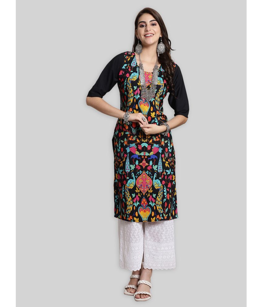     			7Threads Crepe Printed Straight Women's Kurti - Black ( Pack of 1 )