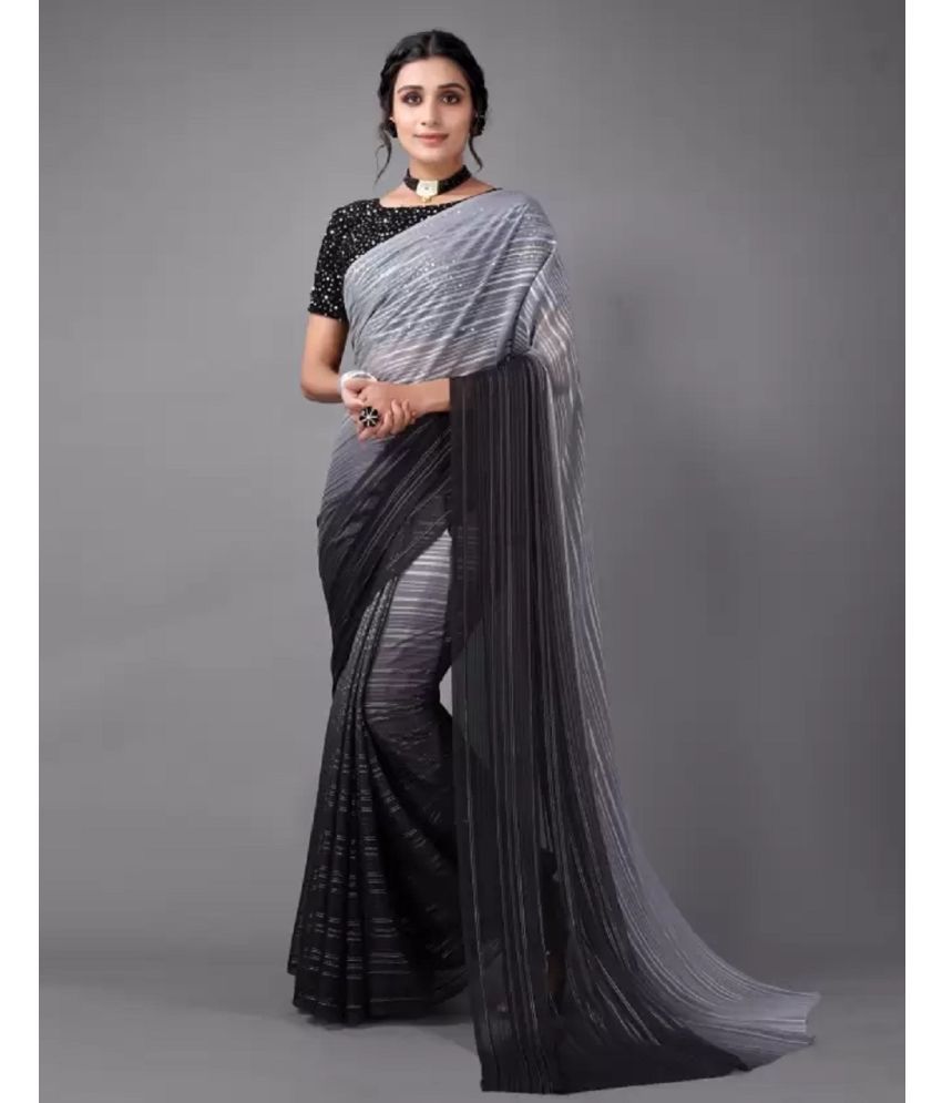     			Aika Satin Striped Saree With Blouse Piece - Black ( Pack of 1 )