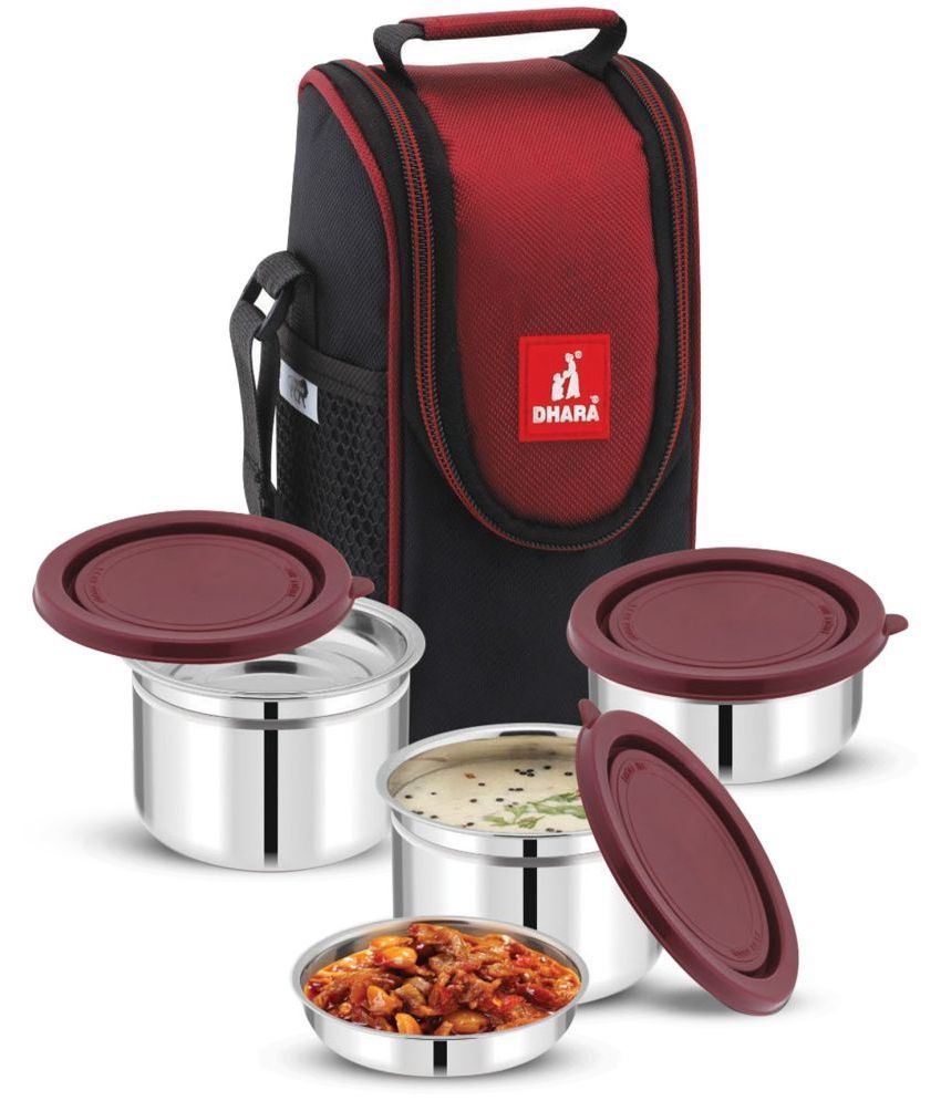     			Dhara Stainless Steel FOOD TIME 3 MAROON  Stainless Steel Lunch Box 3 - Container ( Pack of 1 )