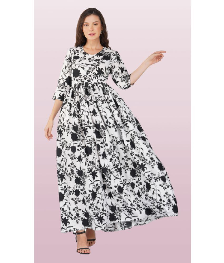     			PRIJHON Polyester Blend Printed Full Length Women's Fit & Flare Dress - White ( Pack of 1 )