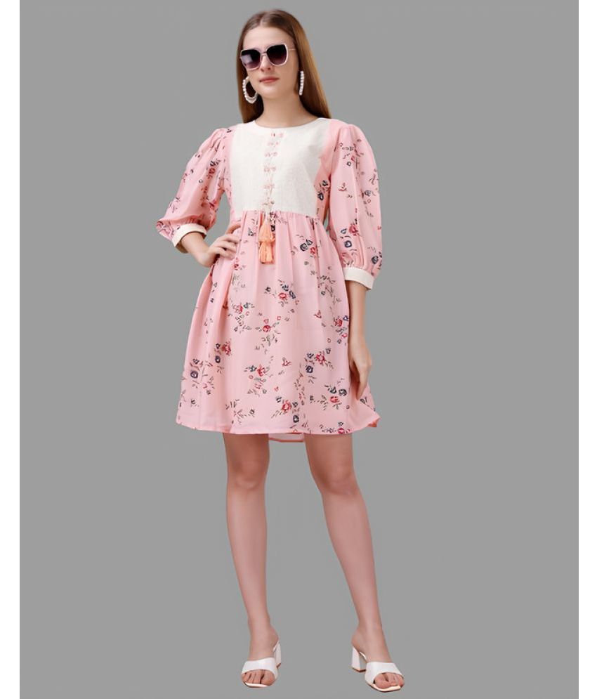     			Sanwariya Silks Cotton Blend Printed Above Knee Women's Fit & Flare Dress - Pink ( Pack of 1 )
