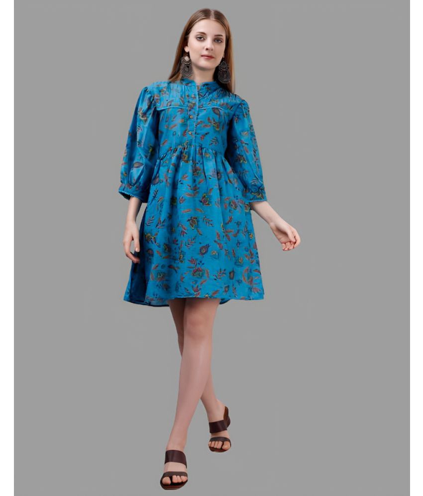     			Sanwariya Silks Cotton Blend Printed Above Knee Women's Fit & Flare Dress - Blue ( Pack of 1 )