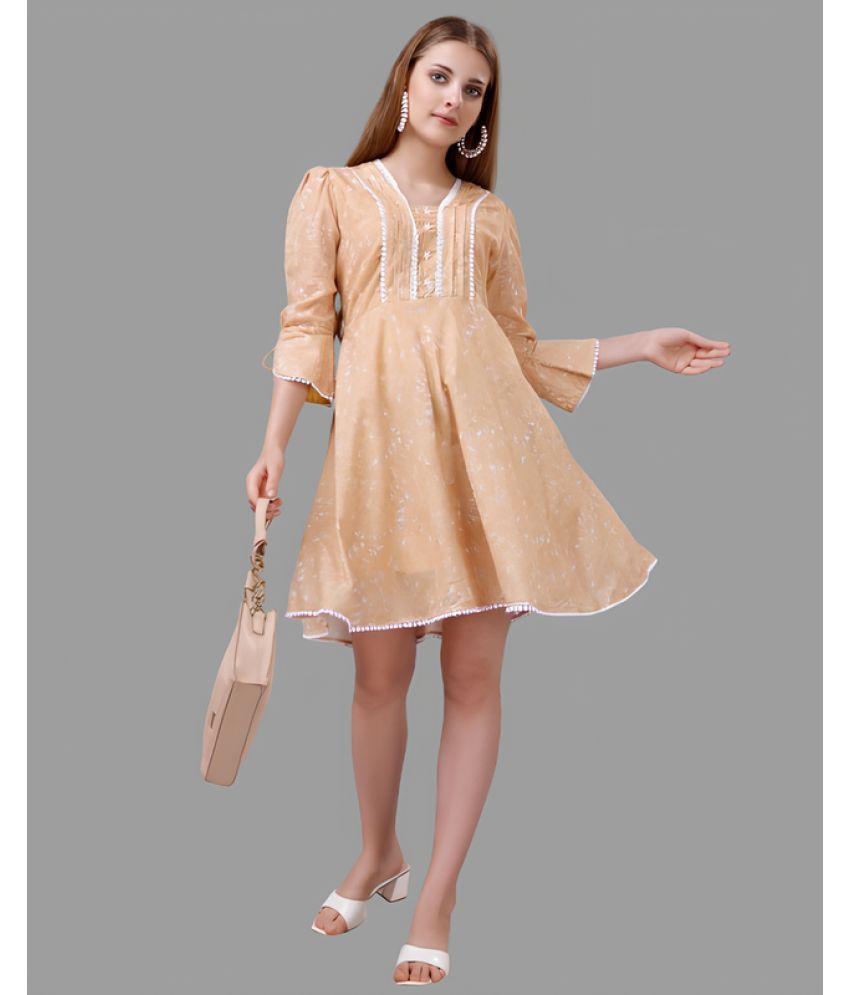     			Sanwariya Silks Cotton Blend Printed Above Knee Women's Fit & Flare Dress - Cream ( Pack of 1 )