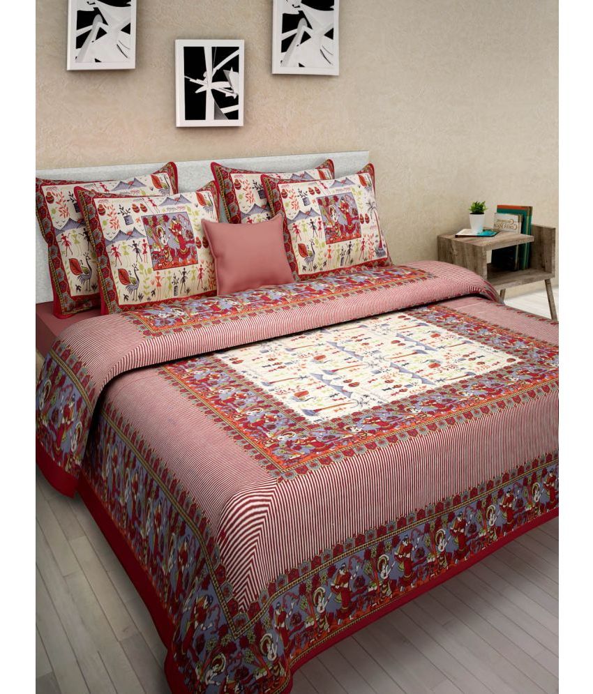     			Uniqchoice Cotton Ethnic 1 Double Bedsheet with 2 Pillow Covers - Red