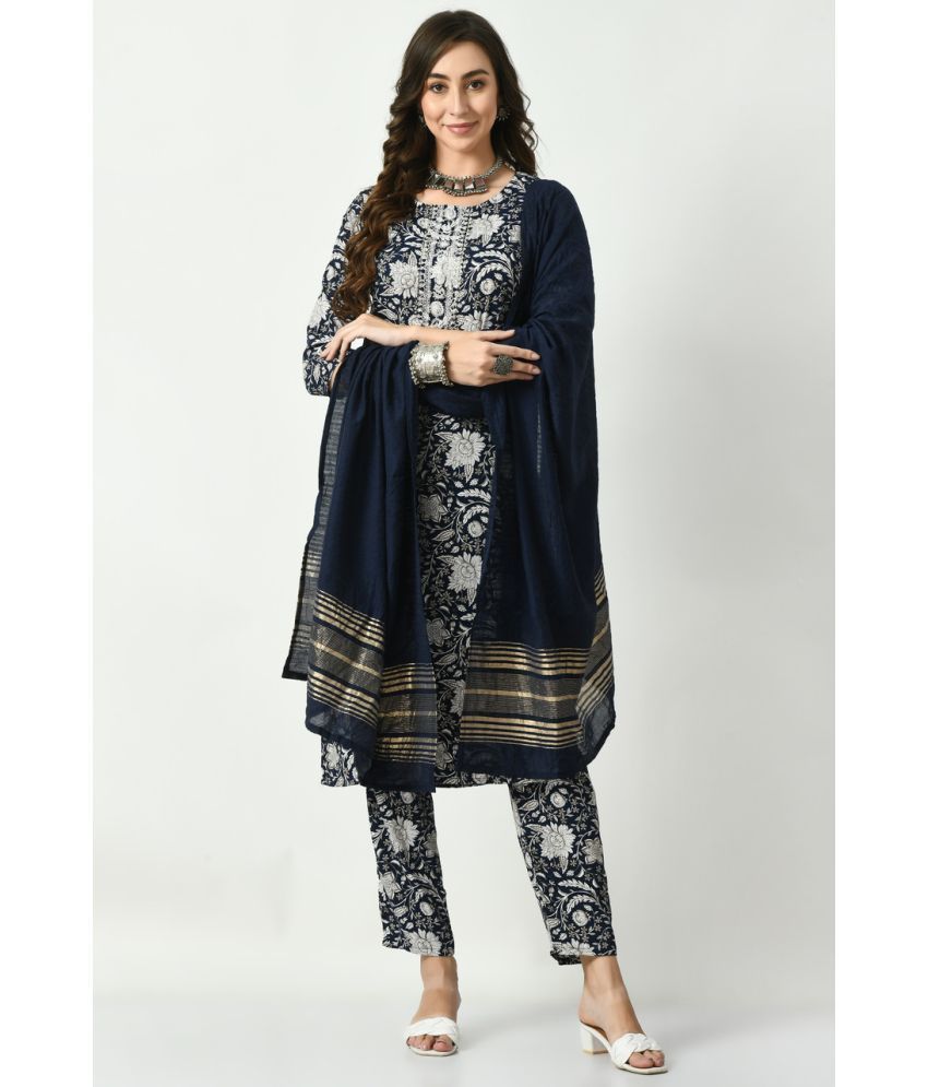     			S Majida Cotton Blend Printed Kurti With Pants Women's Stitched Salwar Suit - Navy Blue ( Pack of 1 )