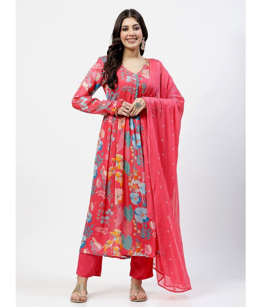     			Yellow Cloud Chiffon Printed Kurti With Pants Women's Stitched Salwar Suit - Peach ( Pack of 1 )