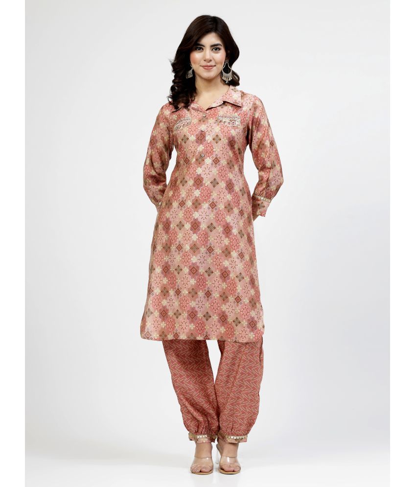     			Yellow Cloud Silk Printed Kurti With Pants Women's Stitched Salwar Suit - Peach ( Pack of 1 )