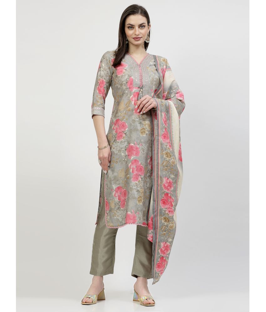     			Yellow Cloud Silk Printed Kurti With Pants Women's Stitched Salwar Suit - Grey ( Pack of 1 )