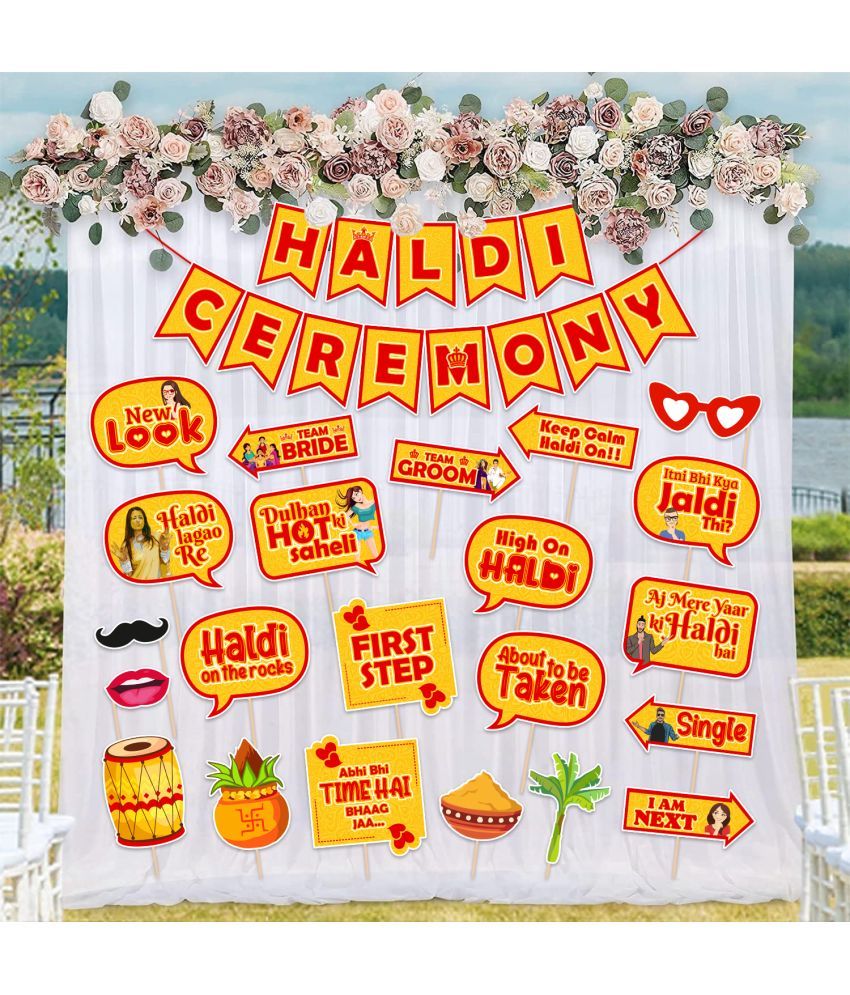     			Zyozi Haldi Ceremony Decoration Kit | Wedding Decorations Props For Haldi | Haldi & Mehendi Decorations for Home Bride - Haldi Ceremony Banner, Photo Booth Props & Net Curtains (Pack of 23)