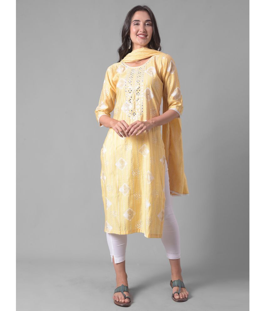     			Dollar Missy Cotton Blend Printed Straight Women's Kurti - Yellow ( Pack of 1 )