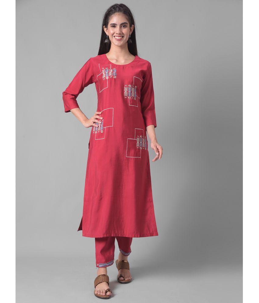     			Dollar Missy Cotton Blend Self Design Straight Women's Kurti - Maroon ( Pack of 1 )