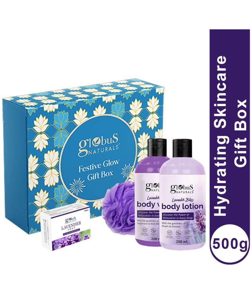     			Globus Naturals Lavender Love Skincare Gift Box -  Body Lotion 200 ml, Soap Bar 100 gm & Body Wash 200 ml with Loofa