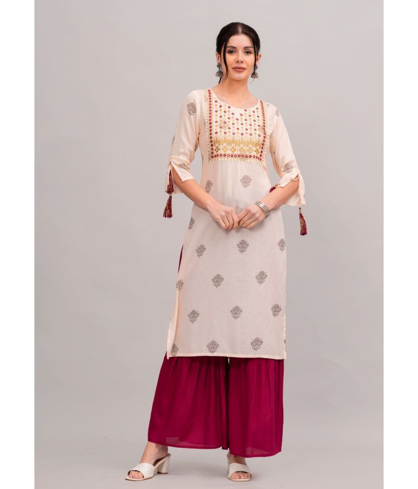     			MAUKA Rayon Printed Kurti With Sharara And Gharara Women's Stitched Salwar Suit - Cream ( Pack of 1 )