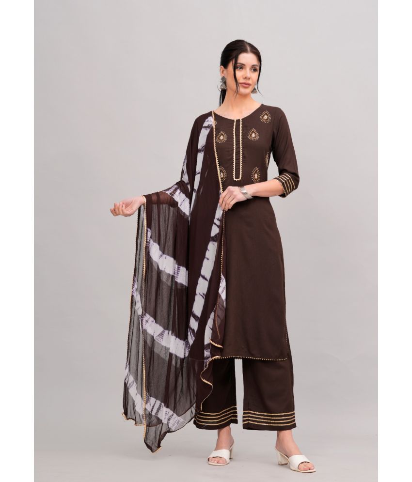     			MAUKA Rayon Solid Kurti With Palazzo Women's Stitched Salwar Suit - Brown ( Pack of 1 )