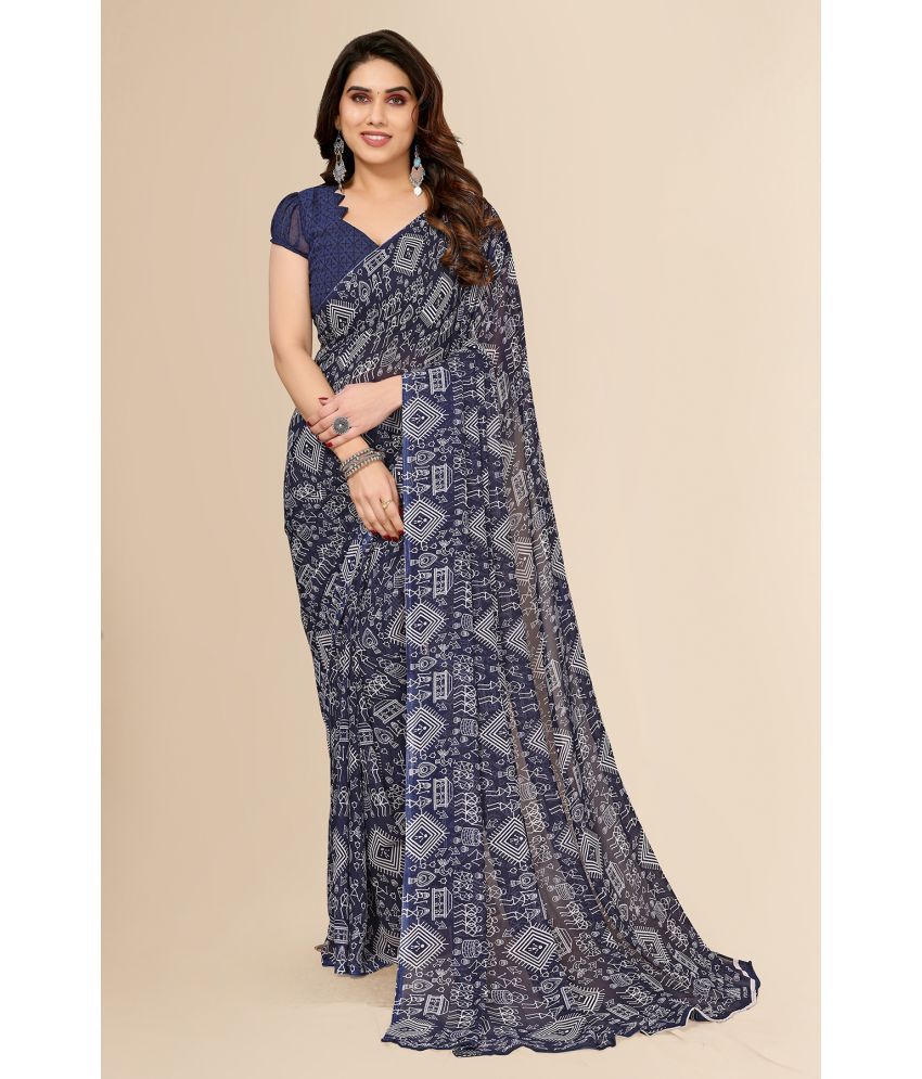     			Kashvi Sarees Georgette Printed Saree With Blouse Piece - Navy Blue ( Pack of 1 )